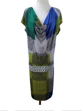 Vintage BCBGMAXAZRIA Stretch Silk Jersey Knit Shift Dress Size M Mod Print